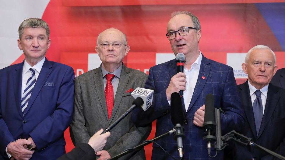 20-lecie SLD. Od lewej: Jerzy Wenderlich, Marek Borowski, Włodzimierz Czarzasty, Leszek Miller