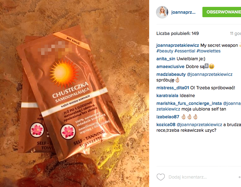 Samoopalacz Joanny Przetakiewicz. fot. Instagram