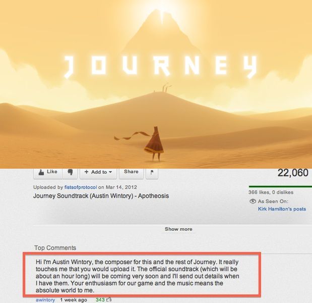 Kompozytor Austin Wintory dziękuje fanom za wrzucanie muzyki z Journey na YouTube