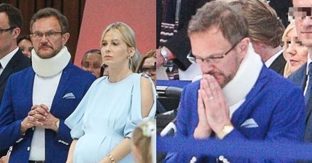 Cezary Pazura w kołnierzu ortopedycznym i Edyta w zaawansowanej ciąży na komunii córki (ZDJĘCIA)