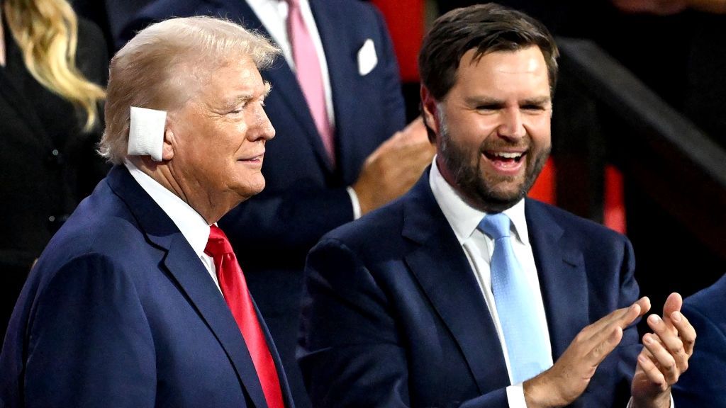 The 2024 Republican National Convention
Former US President Donald Trump, left, and Senator JD Vance, a Republican from Ohio and Republican vice-presidential nominee, during the Republican National Convention (RNC) at the Fiserv Forum in Milwaukee, Wisconsin, US, on Monday, July 15, 2024. Former President Donald Trump tapped JD Vance as his running mate, elevating to the Republican presidential ticket a venture capitalist-turned-senator whose embrace of populist politics garnered national attention and made him a rising star in the party. Photographer: David Paul Morris/Bloomberg via Getty Images
Bloomberg
milwaukee, us presidential elections, us, united states of america, uselection2024, americas, campaigns, campaigning, north american, u.s. republican party, u.s.a., american, rnc, republican, elections, 2024uspolitics, u.s. government, rnc2024, gop, government news, campaign