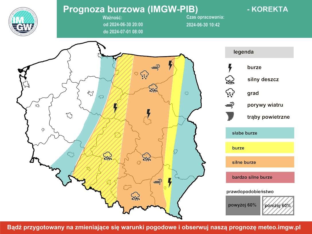 Prognoza burzowa IMGW na noc z niedzieli na poniedziałek 30 czerwca / 1 lipca 2024