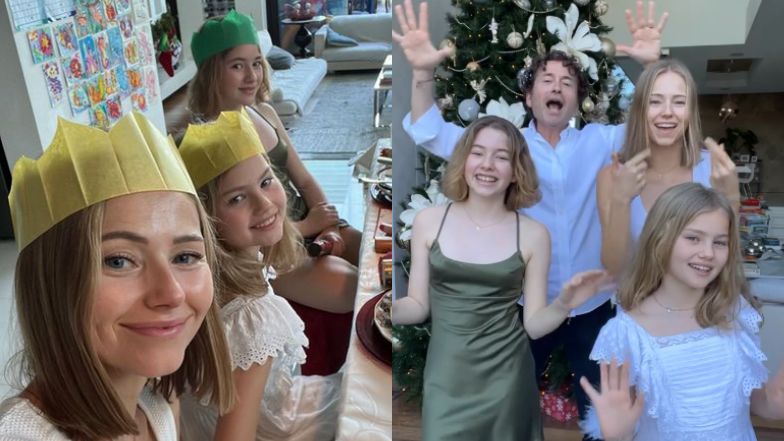 Agata i Piotr Rubikowie tańczą z córkami przy choince. Tak spędzają święta w Australii