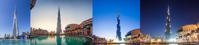 Burj Khalifę fotografowałem chyba o każdej możliwej porze dnia. Na zdjęciu widzimy zdjęcie z poranka i serię zdjęć z wieczora, od momentu zajścia słońca. Jak widać, jedno miejsce sfotografowane o różnych porach może wyglądać zupełnie inaczej.