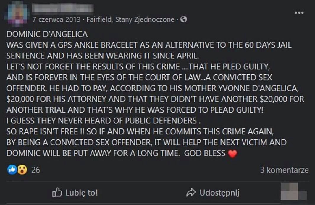 Dominic D'Angelica oskarżony o seks z nieletnią