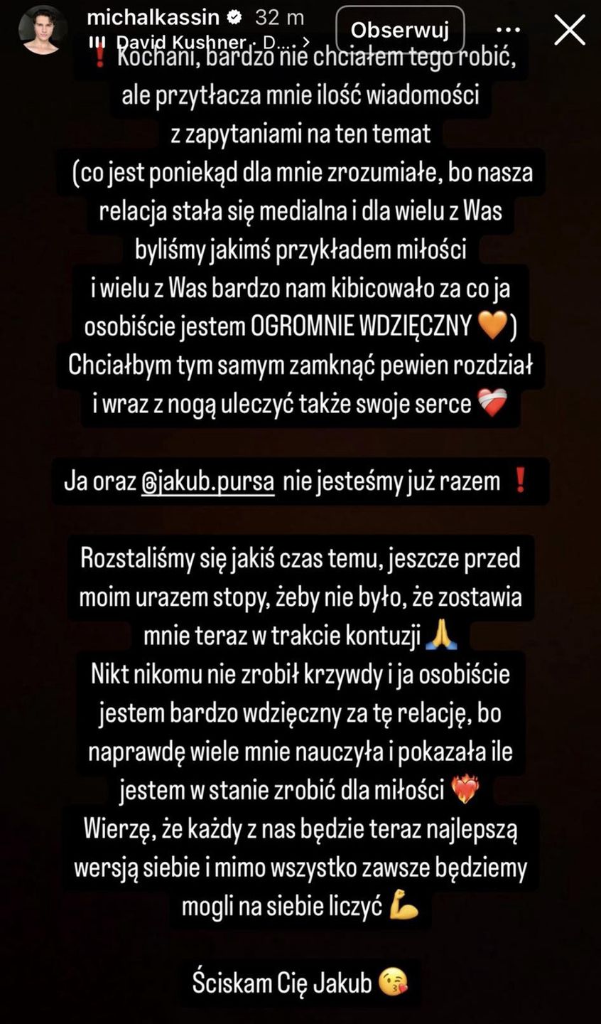 Wpis Michała Kassina na Instagramie
