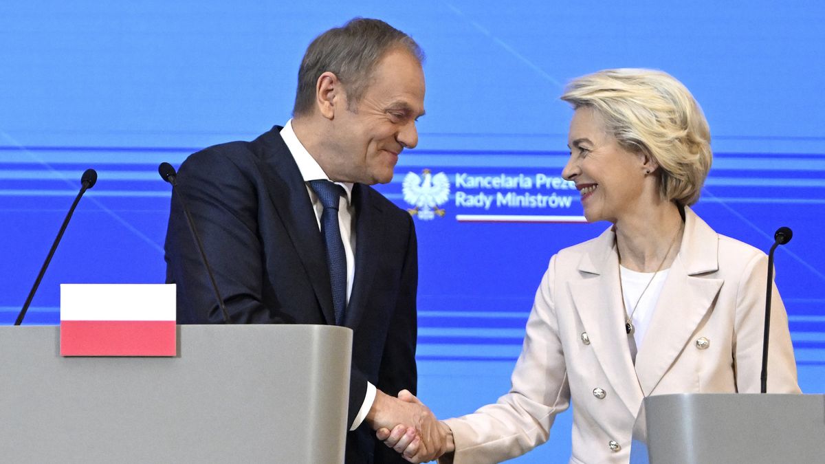 WARSAW, POLAND - FEBRUARY 23 : Belgian PM Alexander De Croo and the President of the European Commission Ursula von der Leyen  to Poland and Ukraine - Plenary meeting with the Polish PM Donald Tusk  , on February 23, 2024 in Warsaw, Poland, 23/02/2024 ( Photo by Didier Lebrun / Photonews via Getty Images)