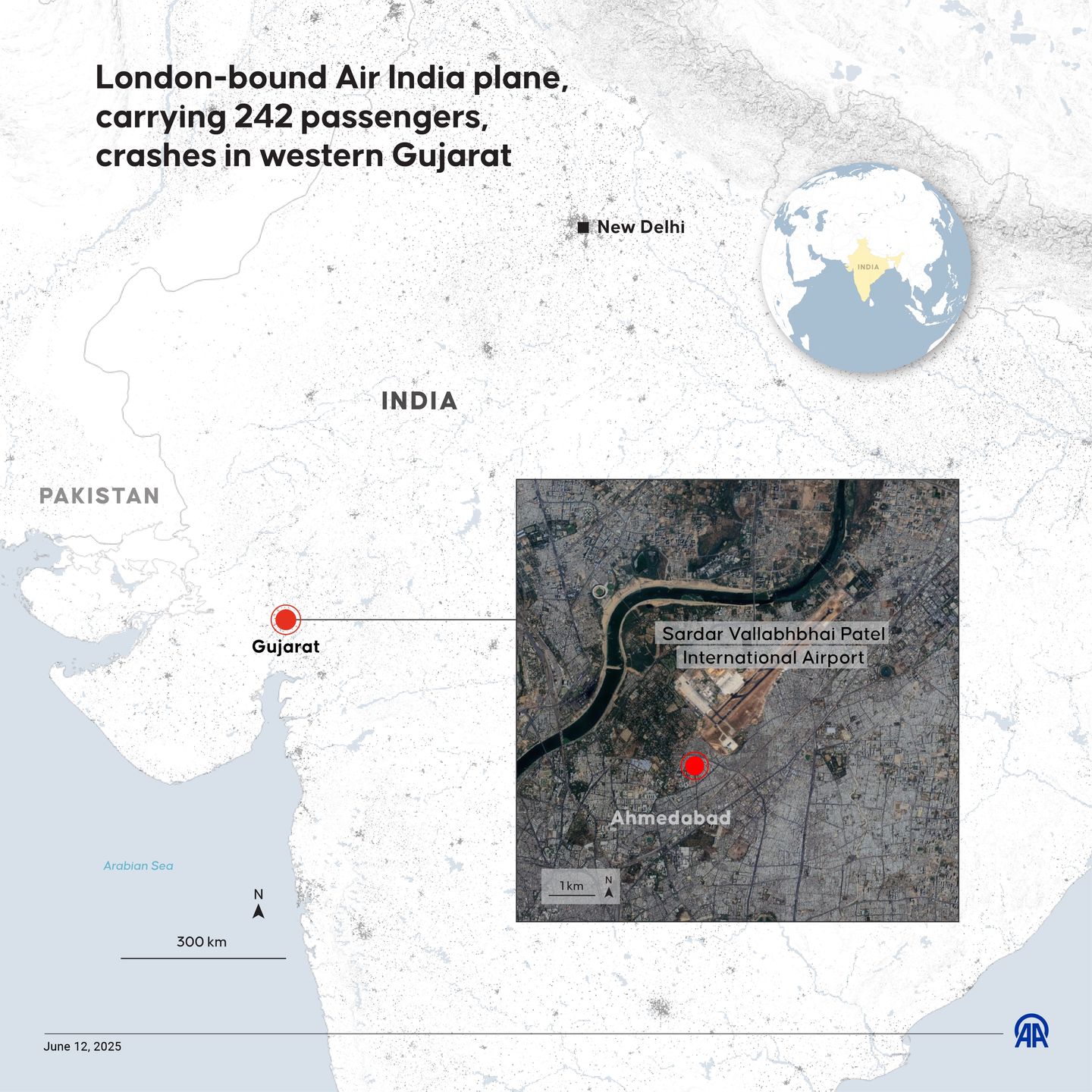 ANKARA, TURKIYE - JUNE 12: An infographic titled "London-bound Air India plane, carrying 242 passengers, crashes in western Gujarat" created in Ankara, Turkiye on June 12, 2025. (Photo by Mehmet Yaren Bozgun/Anadolu via Getty Images)