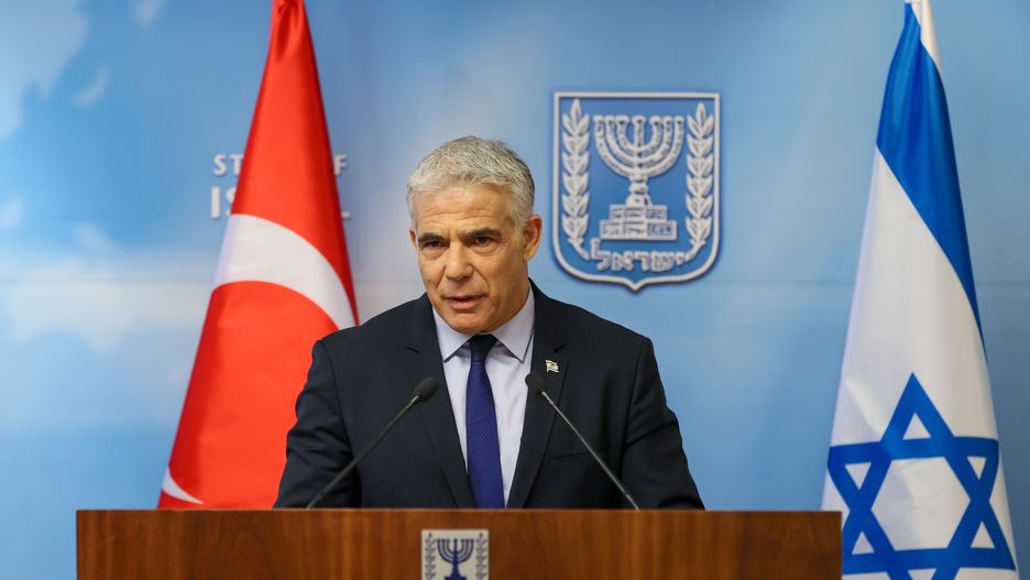 JERUSALEM - MAY 25: Israeli Foreign Minister Yair Lapid and Turkish Foreign Minister Mevlut Cavusoglu (not seen) hold a joint press conference in West Jerusalem on May 25, 2022. (Photo by Cem Ozdel/Anadolu Agency via Getty Images)