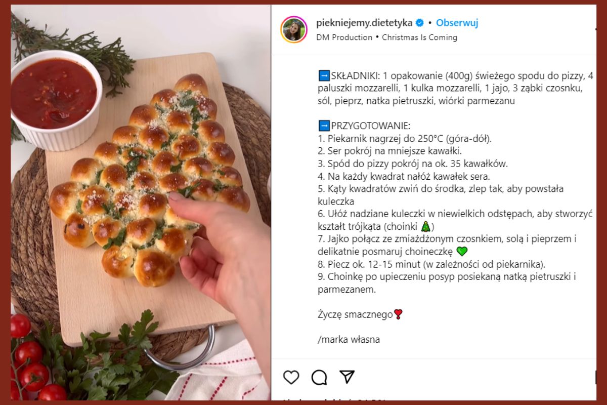 Przepis na chlebek-choinkę do odrywania z serem udostępniony na Instagramie dietetyczki Joanny Śledź