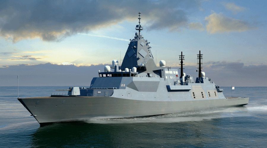 . Wizualizacja australijskiej fregaty typu Hunter. Okręt wykorzystuje platformę GCS, opartą na brytyjskich fregatach typu 26/City. Ważnym wyróżnikiem jest maszt zintegrowany z systemem CEAFAR2. Jednostki są optymalizowane do działań ZOP.