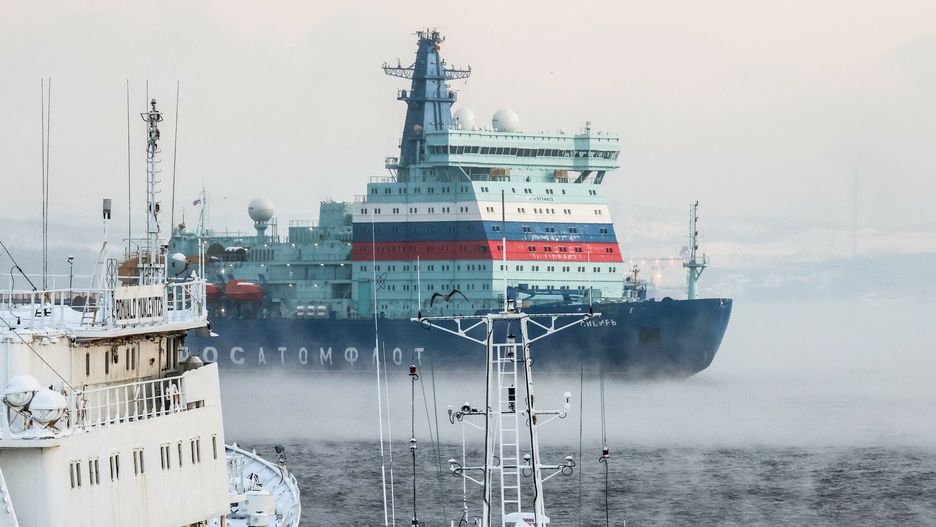 arch496746756 22.01.2022 The nuclear-powered icebreaker Sibir arrives at the home port of Murmansk from St Petersburg, in the Murmansk region, Russia. The Sibir, the second icebreaker of Project 22220 to be built by Baltic Shipyard for Rosatom subsidiary Atomflot, is approximately 173.3 meters in length, 34 meters in width, and has a displacement tonnage of 25,540 tonnes.  Pavel Lvov / SputnikPavel Lvov