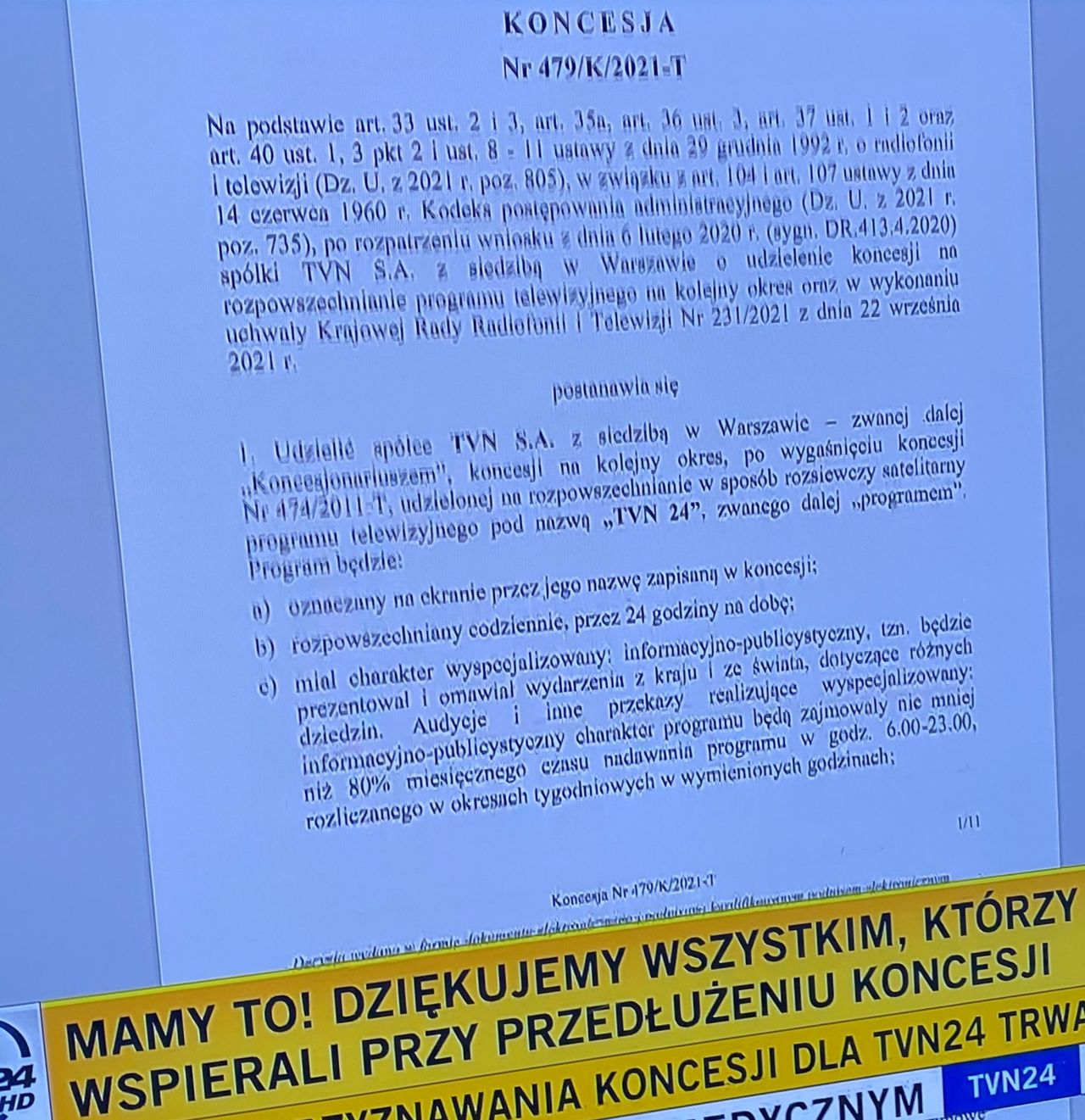 Fragment treści koncesji pokazanej w TVN24