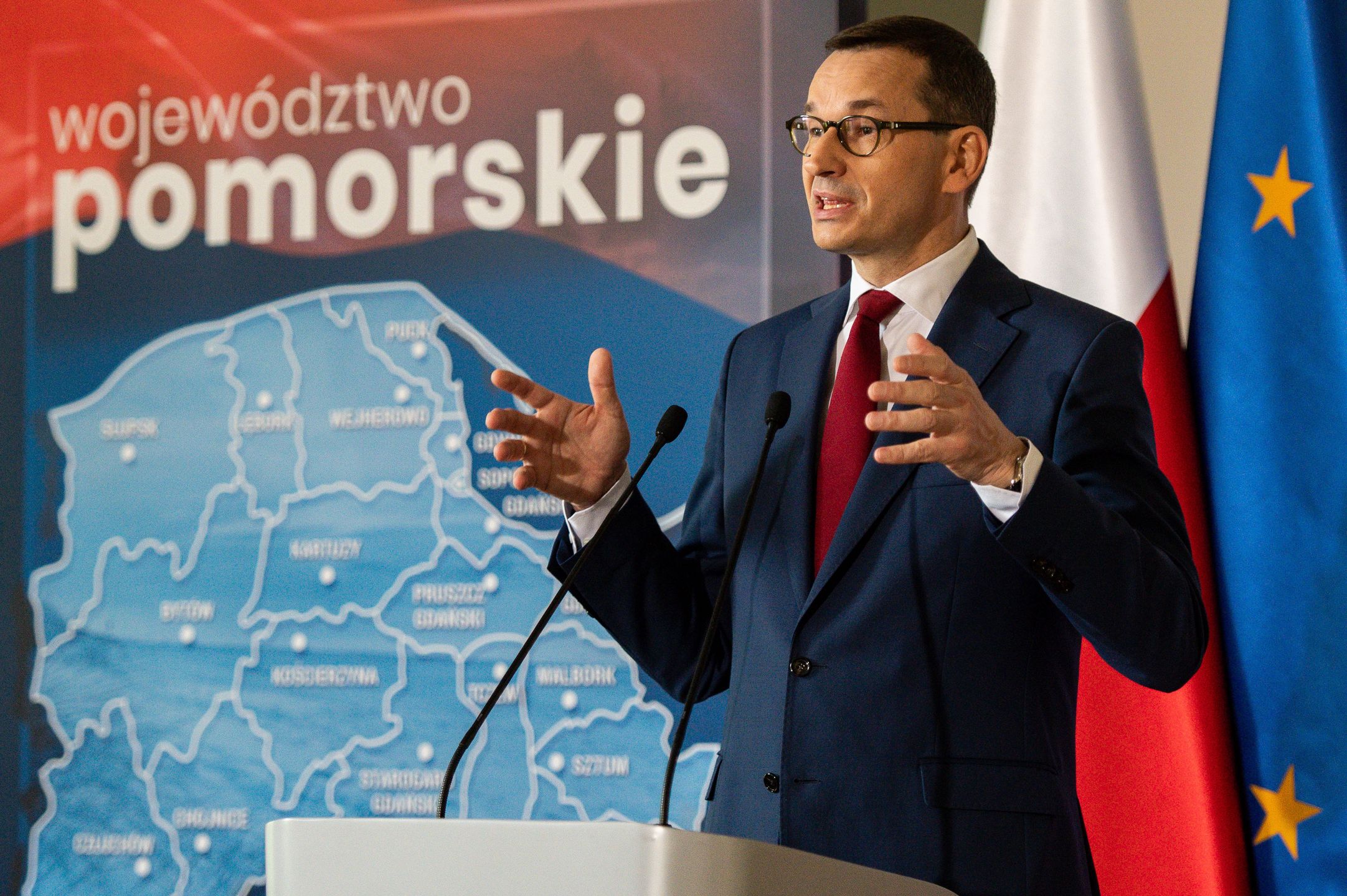 GDANSK, POLAND - 2020/06/21: Prime Minister of Poland, Mateusz Morawiecki speaks during a press conference at the NSZZ Solidarnosc headquarters in Gdansk.Polish Prime Minister Mateusz Morawiecki visited Gdansk one week before the presidential elections in Poland. He supports candidate of Prawo i Sprawiedliwosc (Law and Justice) and current president of Poland, Andrzej Duda. (Photo by Mateusz Slodkowski/SOPA Images/LightRocket via Getty Images)