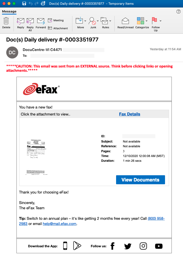 Przykład fałszywej wiadomości, źródło: Abnormal Security.