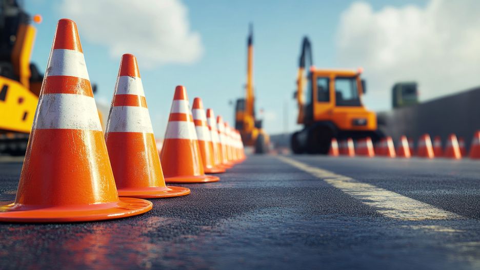 Road construction cones, machinery, sunny dayRows of bright orange traffic cones placed neatly on an asphalt road at a construction site, with road repair machinery in the background, highly detailed and realistic --ar 16:9 --v 6.1 Job ID: 0041d050-edf7-4e5b-a355-08f78ab8841fpcx160_02231cones, construction, road, machinery, safety, orange, traffic, highway, work, site, equipment, worker, asphalt, lane, street, vehicle, project, industry, development, building, repair, maintenance, transportation, infrastructure, engineering, technology, warning, signal, zone, area, lines, markings, pavement, workers, tools, helmet, gloves, digger, excavator, job, cones, construction, road, machinery, safety, orange, traffic, highway, work, site, equipment, worker, asphalt, lane, street, vehicle, project, industry, development, building, repair, maintenance, transportation, infrastructure, engineering, technology, warning, signal, zone, area, lines, markings, pavement, workers, tools, helmet, gloves, digger, excavator, job