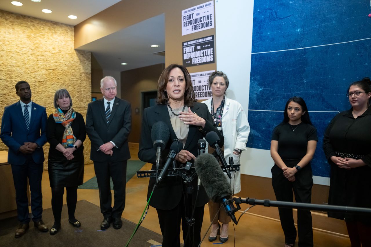 ST. PAUL, MN. - MARCH 2024: Vice President Kamala Harris, surrounded by politicians(behind her on her right) including St. Paul Mayor Melvin Carter, U.S. Representative Betty McCollum, Minnesota Governor Tim Walz, speaks to the media after touring Planned Parenthood, Thursday, March 14, 2024, in St. Paul, Minn. Behind Vice President Harris on her left in a white coat is Planned Parenthood North Central States Chief Medical Officer Sarah Traxler. (Photo by Glen Stubbe/Star Tribune via Getty Images)