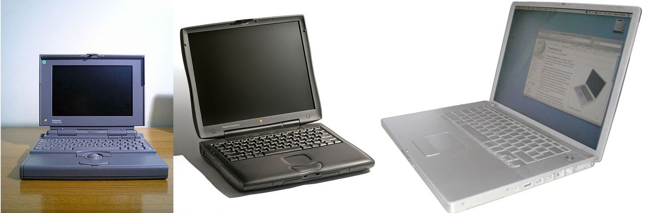 Od lewej: PowerBook 145B (1993 r.), PowerBook G3 Series WallStreet II/PDQ (1998 r.) i PowerBook G4 (2005 r.)