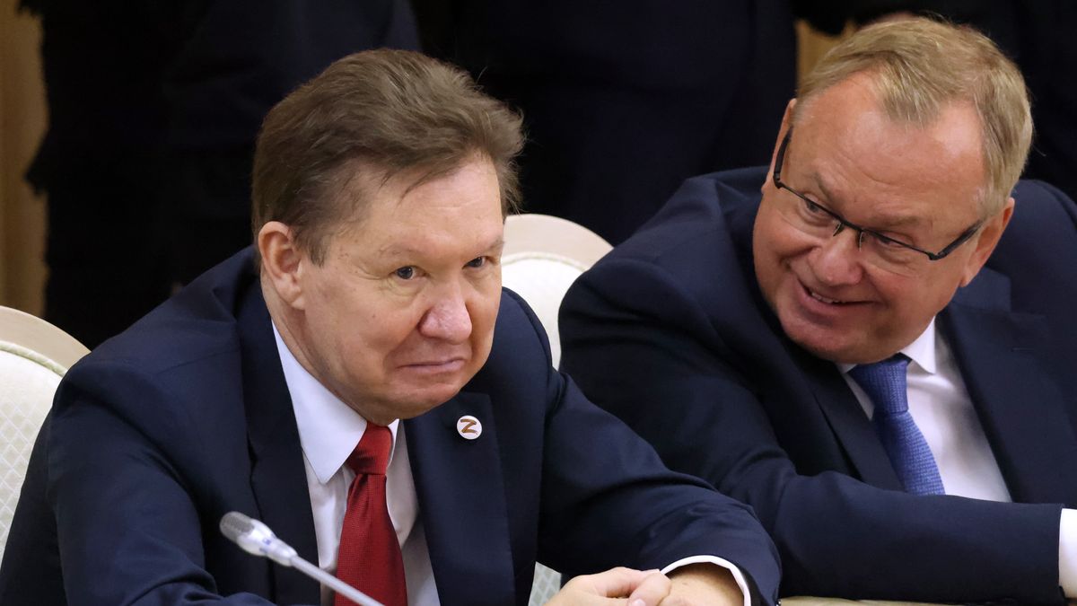 MOSCOW, RUSSIA - JANUARY 24 (RUSSIA OUT) Russian businessman, CEO of Gazprom Alexey Miller (L) grimases as VTB Group President Andrey Kostin (R) looks on during the meeting of the board of trustees at the Moscow State University,  January 24, 2025, in Moscow, Russia. Putin visited the oldest university in Russia, marking the Russian Students Day. (Photo by Contributor/Getty Images)