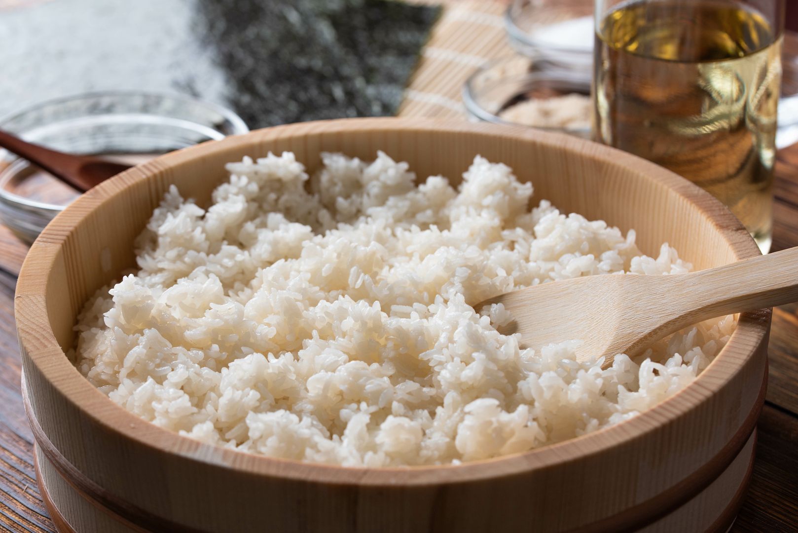 jaoanese sushi rice in wooden bowl with ingredientsjaoanese sushi rice in wooden bowl with ingredientsATSUSHI HIRAOjapanese, sushi, rice, vinegar, sake, salt, sugar, food, kitchen, meal, restaurant, ingredients, asia, cook, cooking, white, vinegared, japan, culinary, wooden, culture, background, closeup, traditional, delicious, brown, cuisine, chef, asian