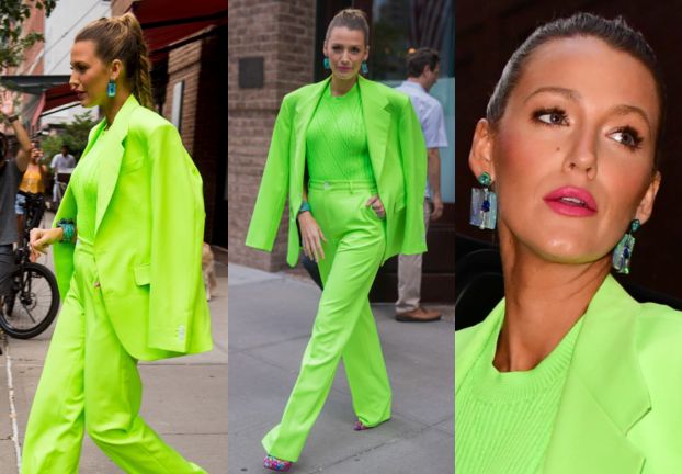 Promienna Blake Lively w neonowym garniturze