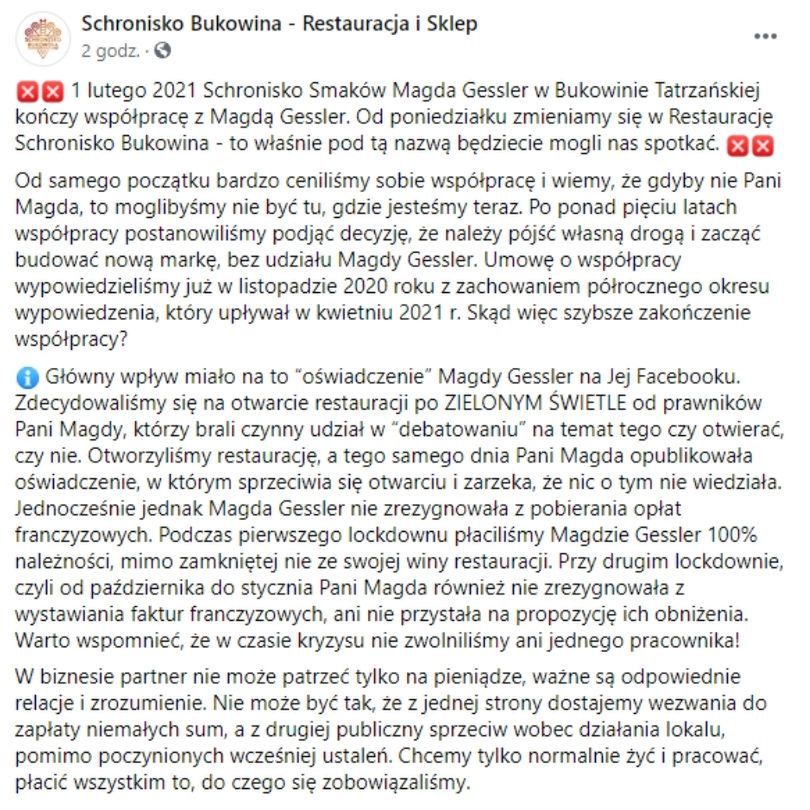Schronisko Smaków zakończyło współpracę z Magdą Gessler