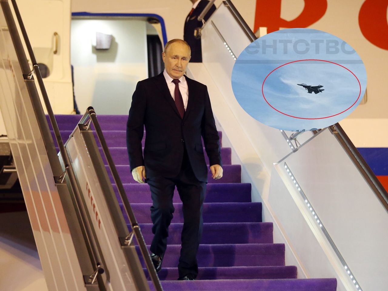 Putin flies accompanied by fighter jets.