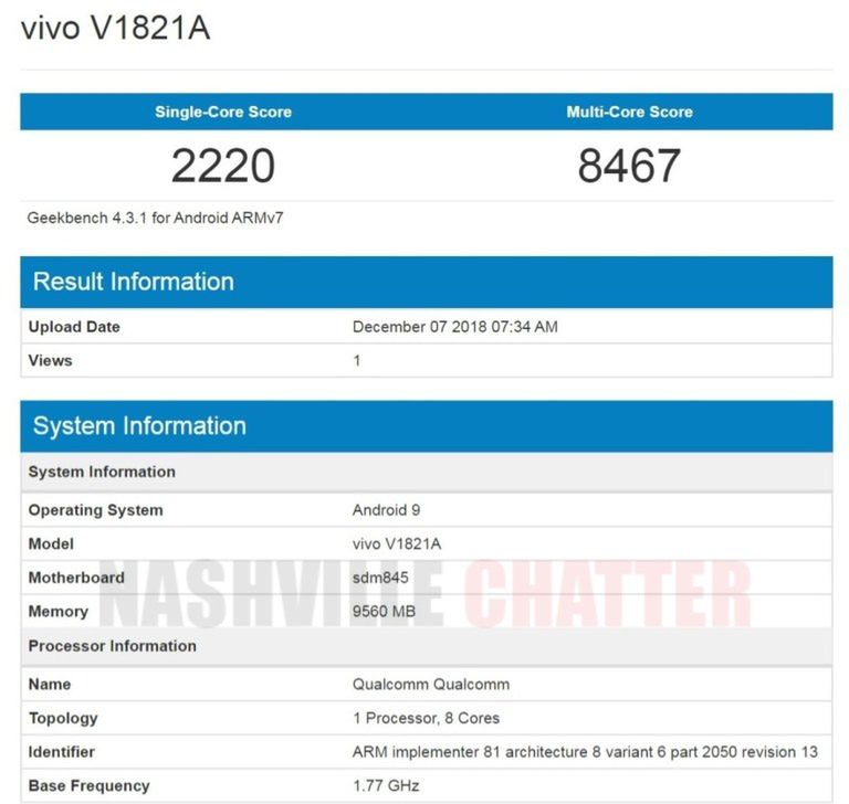 vivo V1821A (NEX 2) w bazie Geekbench