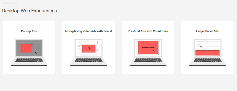 Przykłady najmniej pożądanych typów reklam na desktopach. Źródło: Coalition for Better Ads