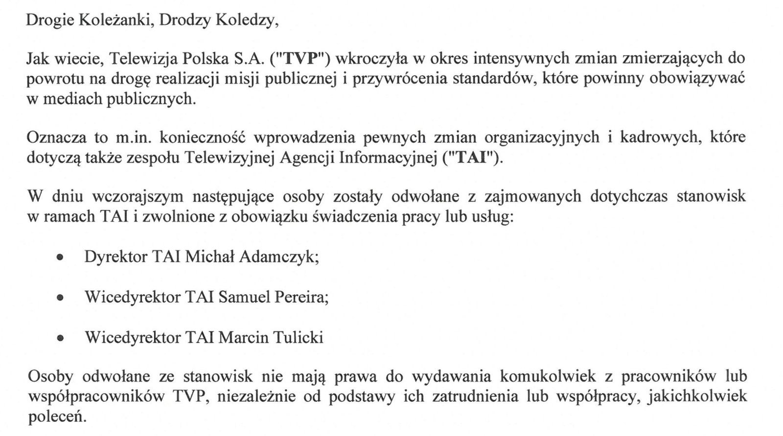 List rozesłany do pracowników TVP cz.1