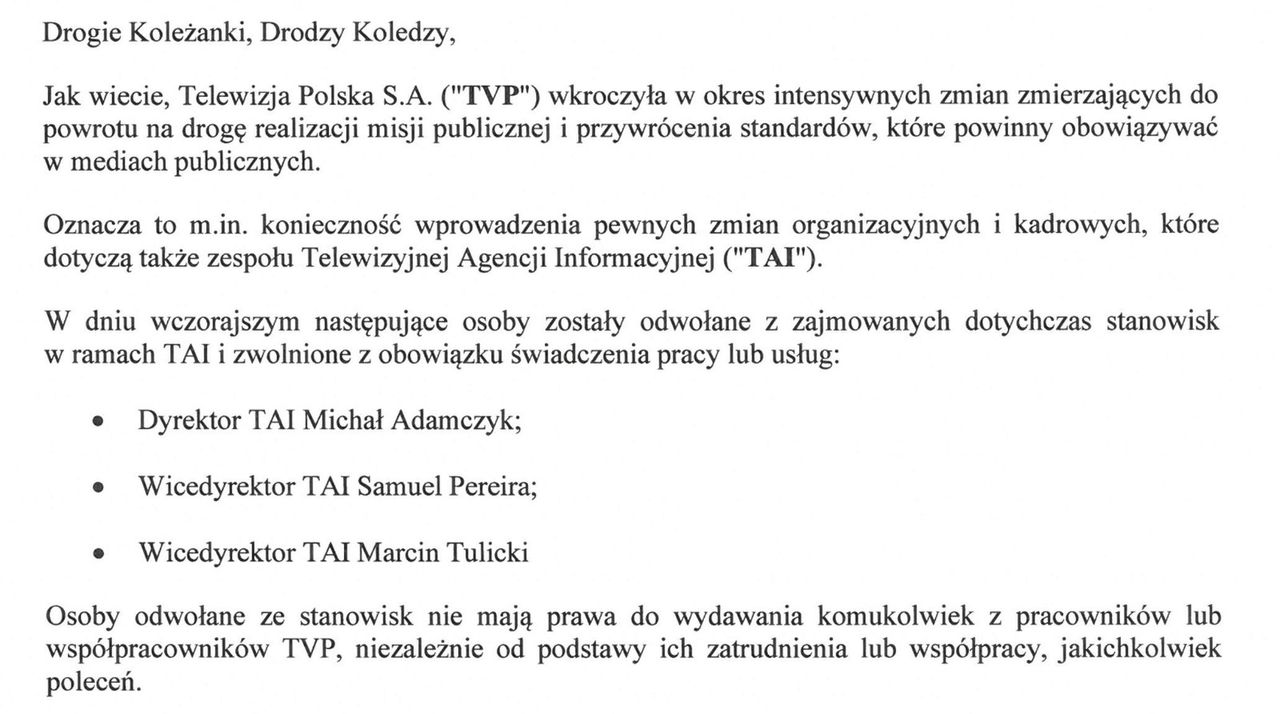 List rozesłany do pracowników TVP cz.1