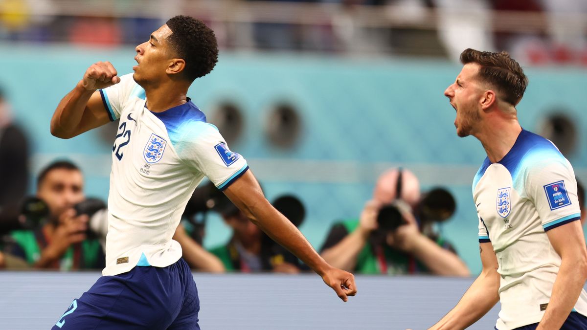 DOHA, QATAR - NOVEMBER 21: Jude Belingham (22) and Mason Mount (19) of England celebrate after scoring a goal during FIFA World Cup Qatar 2022 Group B match between England and Iran at Khalifa International Stadium in Doha, Qatar on November 21, 2022. (Photo by Evrim Aydin/Anadolu Agency via Getty Images)