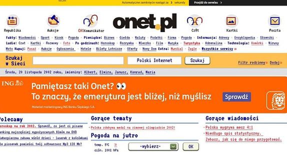 Strona główna "starego" Onetu w reklamie banku
