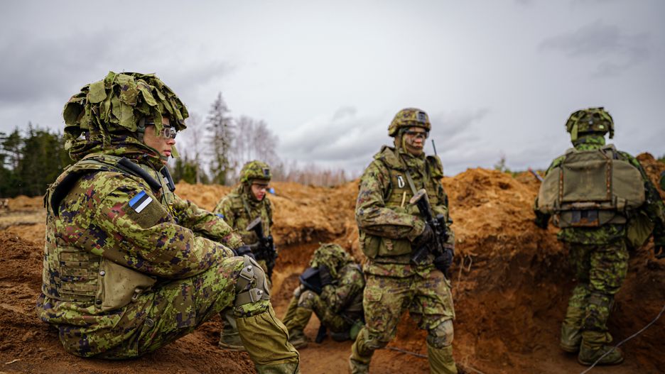 Estonian soldiers defend a dug-in position from attacking British armour and infantry in the Tapa central military training area in Estonia on NATO exercise Bold Dragon alongside Danish and French forces. Picture date: Thursday April 14, 2022. (Photo by Ben Birchall/PA Images via Getty Images)