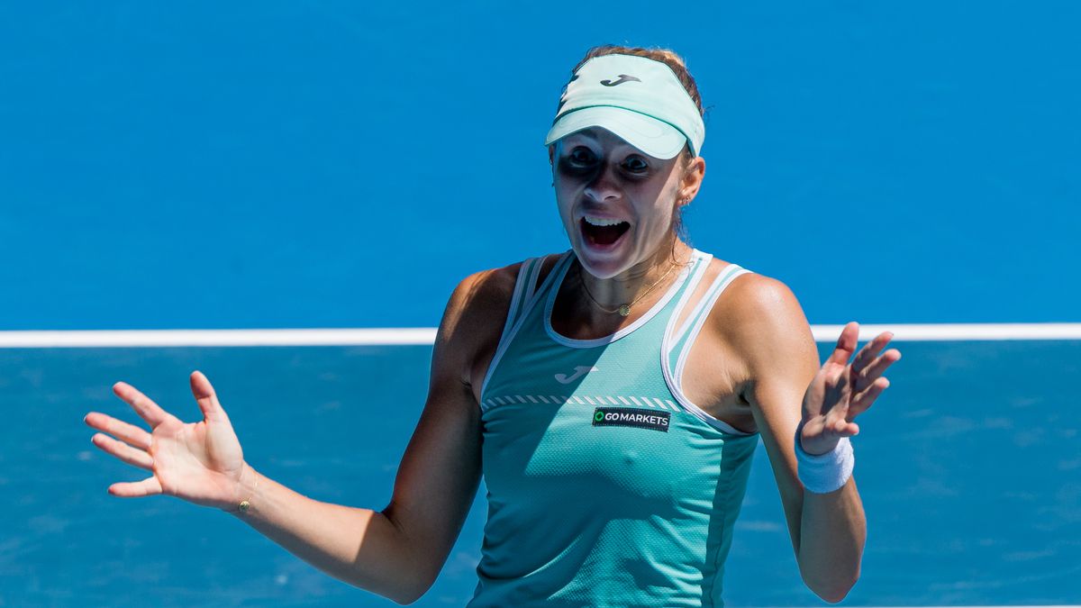 MELBOURNE, AUSTRALIA - JANUARY 25: Magda Linette of Poland celebrates victory during the Quarterfinal singles match against Karolina Pliskova of the Czech Republic during day ten of the 2023 Australian Open at Melbourne Park on January 25, 2023 in Melbourne, Australia. (Photo by Andy Cheung/Getty Images)