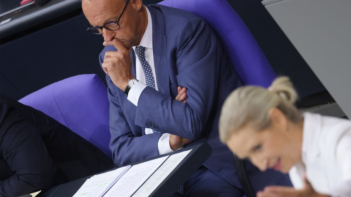 BERLIN, GERMANY - SEPTEMBER 9: German Chancellor, Friedrich Merz, listens to AfD co-leader Alice Weidel speaks during debates at the Bundestag over the 2027 federal budget on September 9, 2026 in Berlin, Germany. The budget includes higher spending on defence as well as increased government borrowing. (Photo by Michele Tantussi/Getty Images)