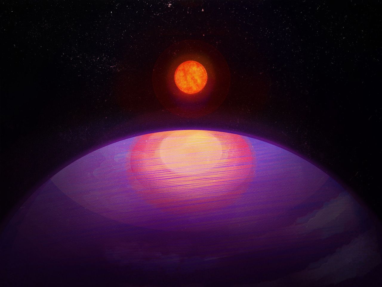 Artystyczne odwzorowanie możliwego widoku z LHS 3154b w stronę swojej gwiazdy macierzystej o małej masie