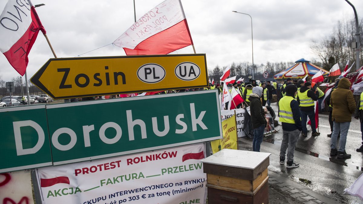 Farmers block the road at the Dorohusk border crossing with
DOROHUSK, POLAND - 2024/02/20: Farmers block the road at the Dorohusk border crossing with Ukraine. Farmers announced a general protest throughout the country and are blocking all border crossings with Ukraine and cities in Poland. At the border crossing in Dorohusk, several hundred farmers block the road with bales of hay. As part of the protest, no Ukrainian trucks will be allowed to pass until evening, and one truck is only allowed hourly. The queue of Ukrainian trucks is nearly 17 kilometers long. Polish farmers demand closing the Ukrainian borders for three months for trucks of Ukrainian agricultural products, they do not want the implementation of the EU's Green Deal, and demand support for animal breeding. (Photo by Attila Husejnow/SOPA Images/LightRocket via Getty Images)
SOPA Images
farmers, block, blocking, blockade, dorohusk border crossing with ukraine, demo, demonstration, rally, demonstrator, protester, demonstrators, protesters, polish farmers, closure, ukrainian borders, european union agricultural policies, green deal, eu policies, eu regulations, flags, banner, banners