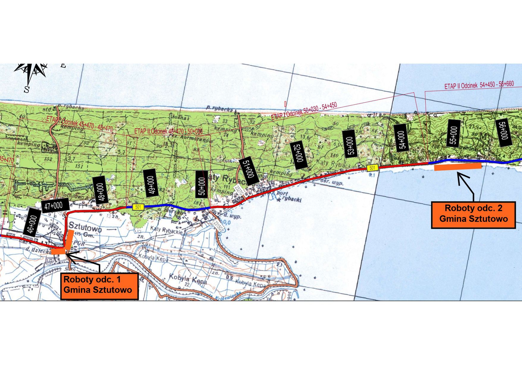 DW 501 z zaznaczonymi odcinkami, na których ruch odbywa się wahadłowo