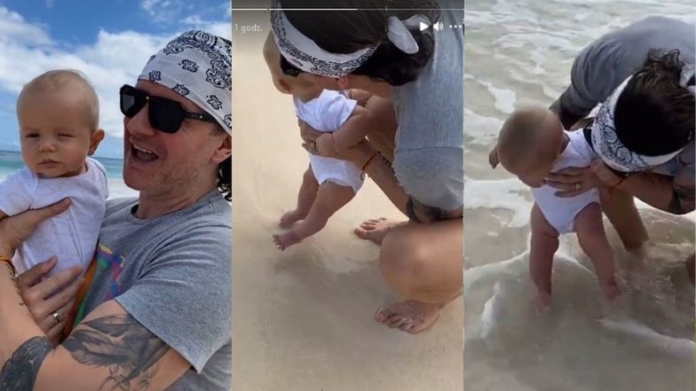 Henio zanurza stopy w Morzu Karaibskim