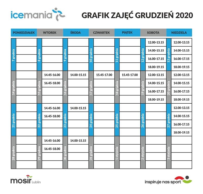 Harmonogram nauki jazdy na łyżwach na lodowisku Icemania - grudzień 2020