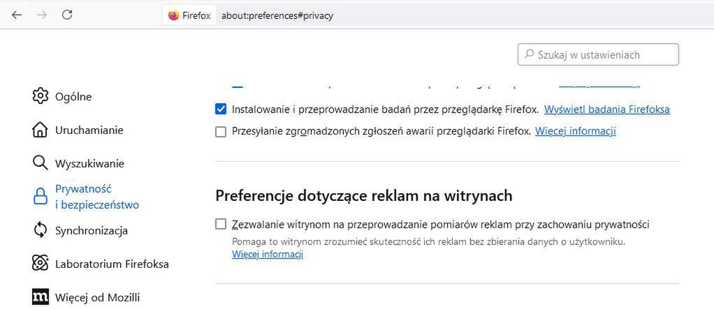 Sposób wyłączenia Privacy Preserving Attribution w Firefox.