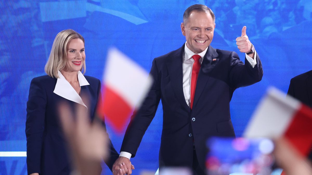 WARSAW, POLAND - JUNE 1: Marta Nawrocka and supported by Law and Justice party candidate for the President of Poland Karol Nawrocki during the election evening of the second round of the Presidential election in Warsaw, Poland on June 1, 2025. (Photo by Jakub Porzycki/Anadolu via Getty Images)