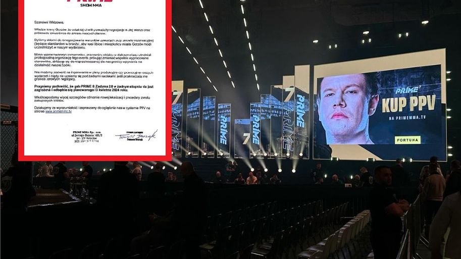 Na zdjęciu: hala z gali Prime MMA 7, w ramce oświadczenie organizacji