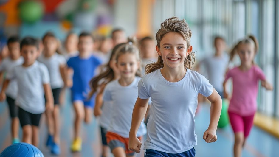 warm up, school, indoor, teacher, lifestyle, adult, student, prof, elementary, children, exercise, multiracial, people, copy space, girl, primary, group, physical activity, class, practice, schoolgirl, schoolkid, healthy, gym, education, court, sport, trainer, woman, white, elementary school, schoolboy, coach, pupil, boy, black, generative ai