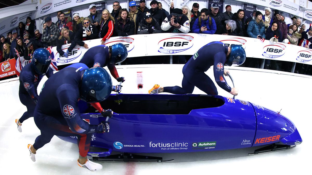 LAKE PLACID, NEW YORK - MARCH 15: Brad Hall, Arran Gulliver, Taylor Lawrence and Greg Cackett of Great Britain compete in heat 3 of the 4-man-bobsleigh on day six of the 2025 IBSF World Championships at Mt Van Hoevenberg on March 15, 2025 in Lake Placid, New York. (Photo by Maddie Meyer/Getty Images)