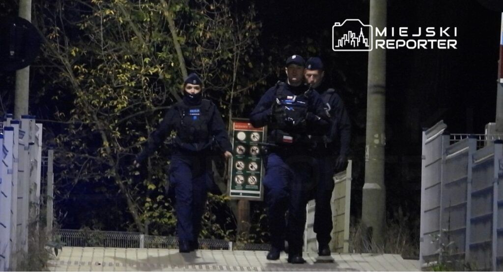 Grupa policjantów w mundurach, niosących sprzęt, przechodzi przez oświetloną ścieżkę w nocy.