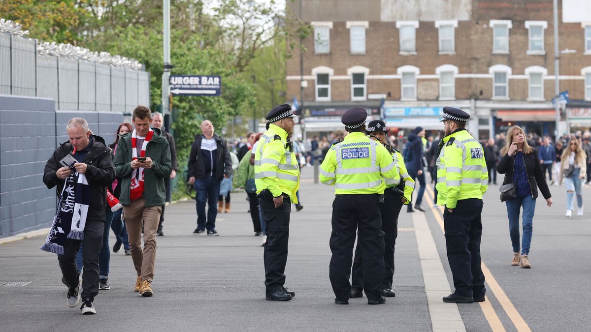 LONDON, ENGLAND - APRIL 7: Police officers outside The stadium ahead of  the Premier League match between Tottenham Hotspur and Nottingham Forest at Tottenham Hotspur Stadium on April 7, 2024 in London, England.(Photo by Catherine Ivill - AMA/Getty Images)