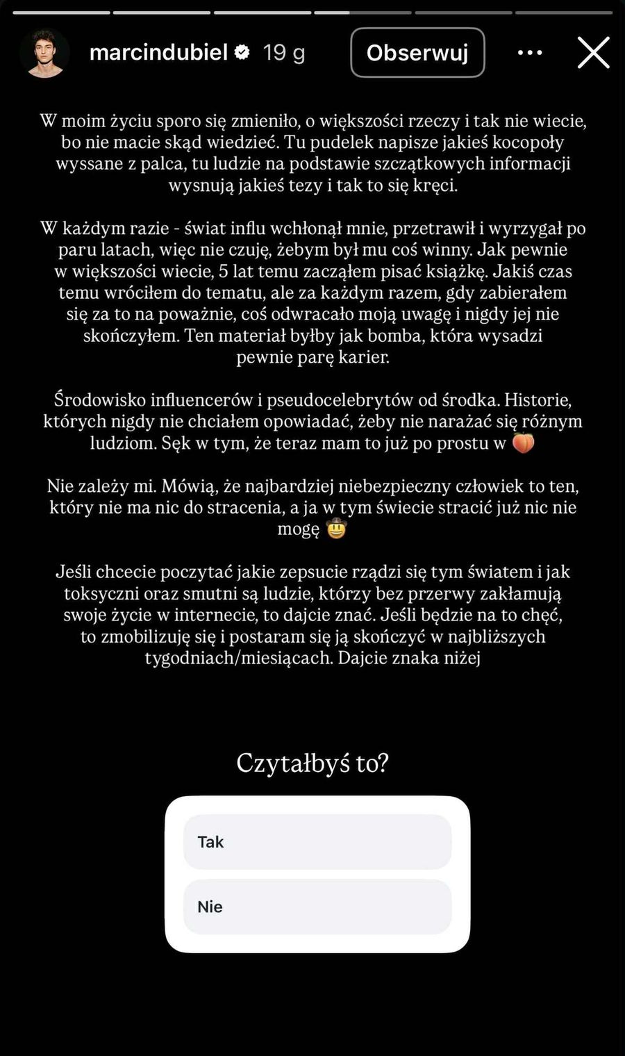 Marcin Dubiel prosi widzów o wsparcie. Bez nich nie skończy swoj
