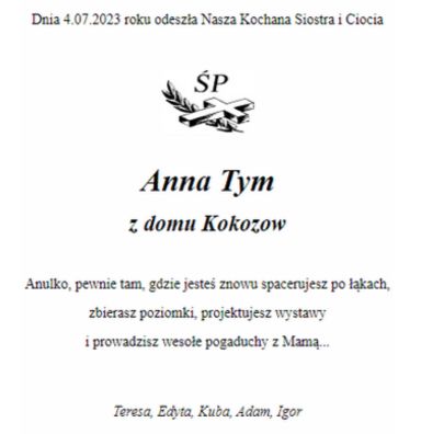 Nekrolog Anny Kokozow-Tym